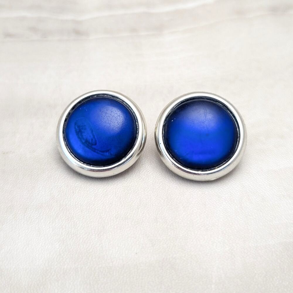 Vintage Clip On Earrings Blue Center with Silver Tone Halo 1" - Fair Condition